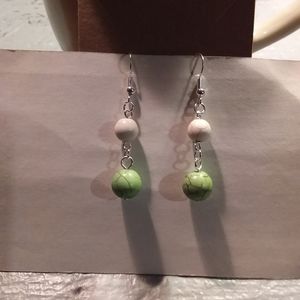 Green & Off White Beaded Earrings